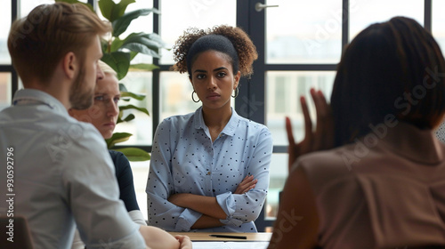 A conference room where a female employee is standing to present, and a male coworker is interrupting her with a dismissive or inappropriate comment.