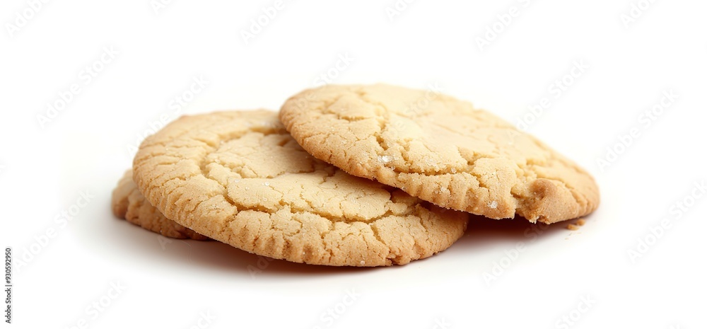 Three round sugar cookies with golden brown edges, stacked on a white background. Three round sugar cookies with golden brown edges, stacked on a white background.