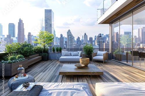 Contemporary urban rooftop terrace with city views and sleek furnishings.
