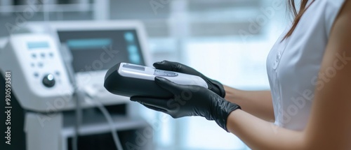 Beautician hand in black glove holding ultrasound device for face lifting and skin tightening procedure. Young woman cosmetologist using modern cosmetology equipment in clinic photo