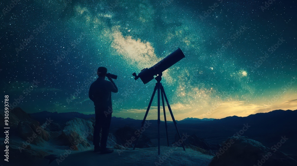 Astronom using a telescope to observe the night sky from a desert location. The vivid Milky Way shines above, with the scene bathed in serene starlight, capturing the vastness of the universe