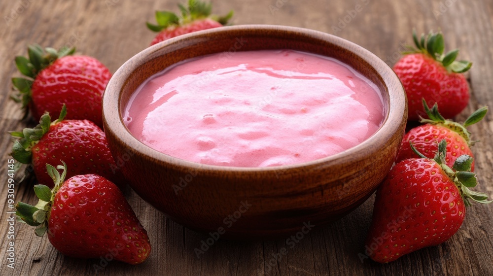Fresh strawberry yogurt in wooden bowl surrounded ripe strawberries Fresh strawberry yogurt in wooden bowl surrounded ripe strawberries