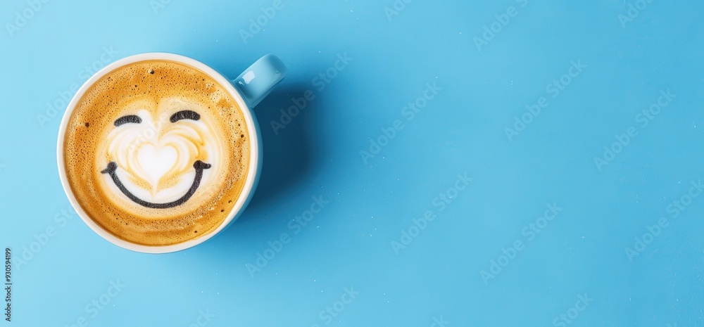 A cup of coffee with a smiley face latte art on a blue background. Concept of happiness, positivity, and good morning. A cup of coffee with a smiley face latte art on a blue background. Concept of happiness, positivity, and good morning.