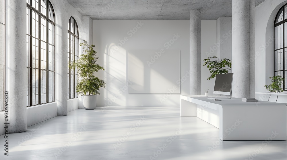 Obraz premium A modern, minimalist office space with large windows and greenery.