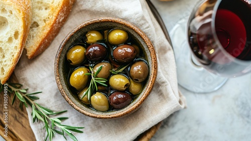 A top-down view of a small bowl of olives marinated in herbs, placed on a linen napkin with fresh bread and a glass of wine nearby