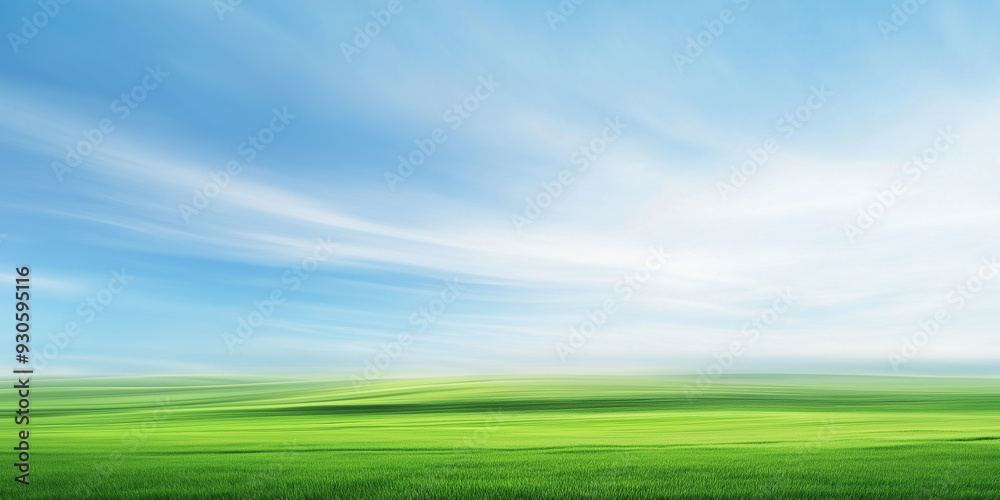Expansive green field under a clear blue sky with soft clouds, representing serenity and natural beauty. The image is perfect for backgrounds or environmental concepts with ample copy space.