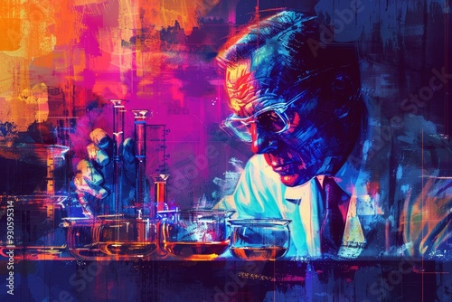 Abstract Illustration of Alexander Fleming's Penicillin Discovery in Lab.