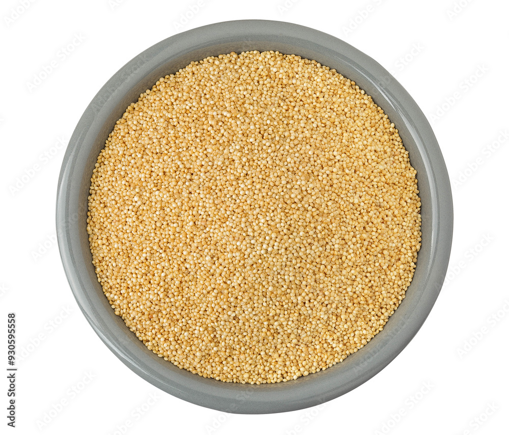 Amaranth grain seeds in ceramic bowl isolated on white background. Top view. Flat lay Amaranth grain seeds in ceramic bowl isolated on white background. Top view. Flat lay
