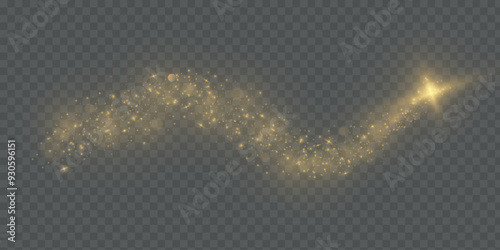 Magic golden wind png festive isolated on transparent background. Golden comet png with sparkling stars and dust. Powder dust light PNG. Magic shining gold dust. Fine, shiny dust bokeh particles fal