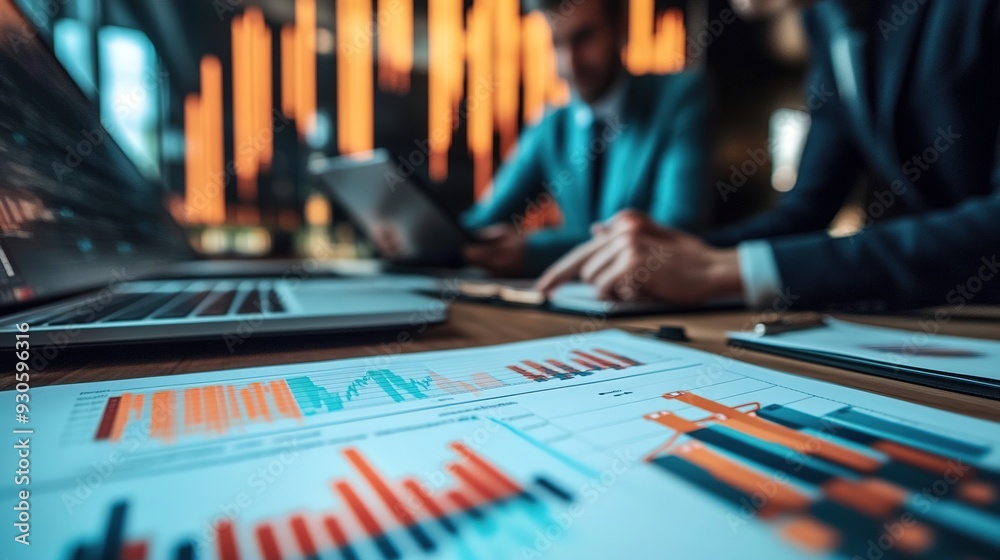 A group of professionals in a meeting room, reviewing financial charts and discussing stock market performance A group of professionals in a meeting room, reviewing financial charts and discussing stock market performance
