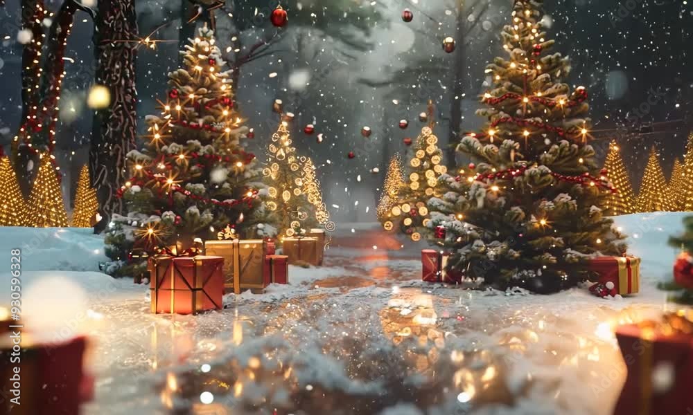 Lighted Christmas trees with red and gold garlands in the woods next to Christmas presents in red boxes.