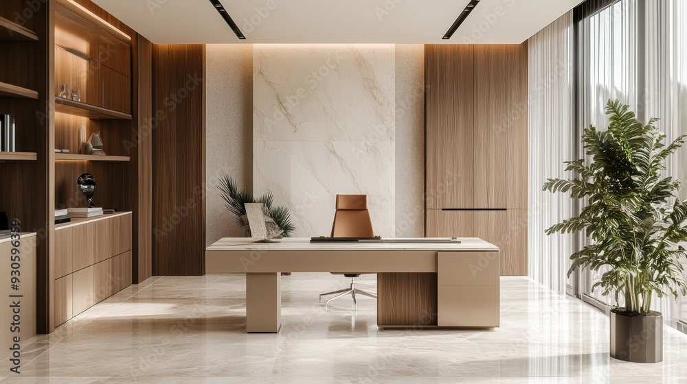 Fototapeta premium Modern office interior featuring a sleek desk and elegant decor.