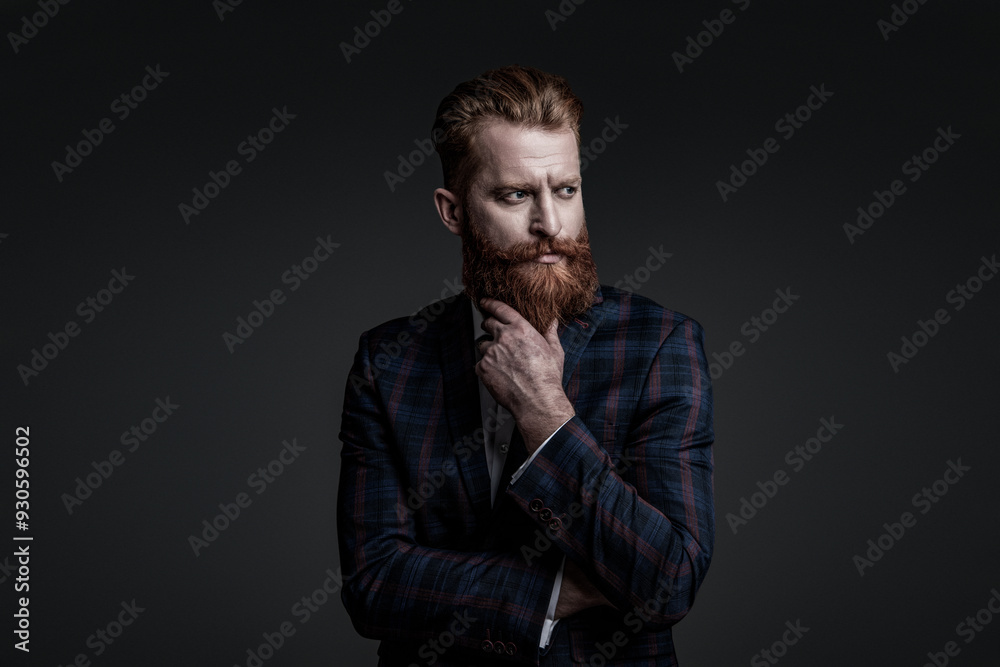 Businessman with beard. Brutal bearded man isolated on grey. Ambitious man in elegant suit menswear. Formal fashion for man. Suit on menswear model. Stylish man in business suit. Dinner jacket