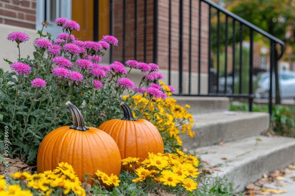 Fototapeta premium Autumn porch decor with pumpkins colorful flowers