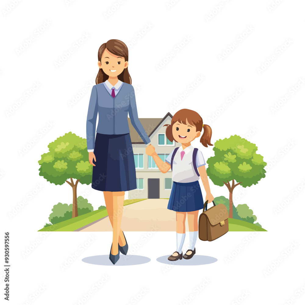 Mother and daughter walking to school Mother and daughter walking to school