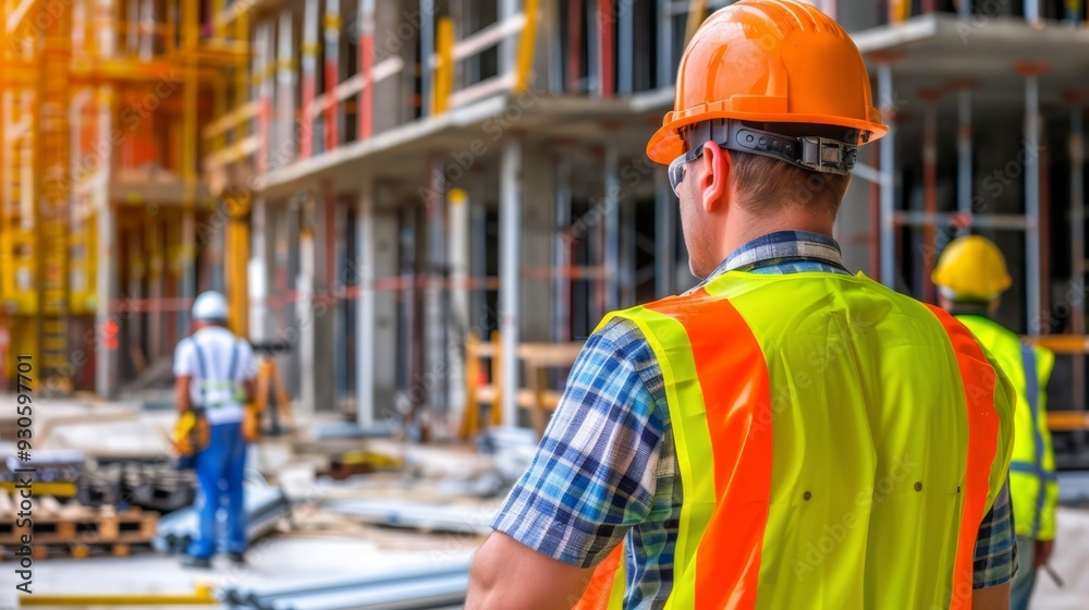 Construction worker checking structural supports and framing on a building site, with a focus on the accuracy and safety of the task amidst the construction site. Construction worker checking structural supports and framing on a building site, with a focus on the accuracy and safety of the task amidst the construction site.