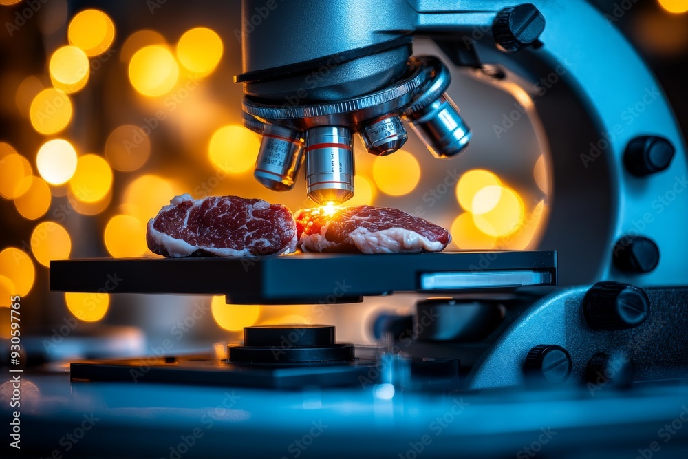 Close up of lab grown meat samples being examined under a microscope symbolizing innovation precision and the advancements in food science and meat production Close up of lab grown meat samples being examined under a microscope symbolizing innovation precision and the advancements in food science and meat production