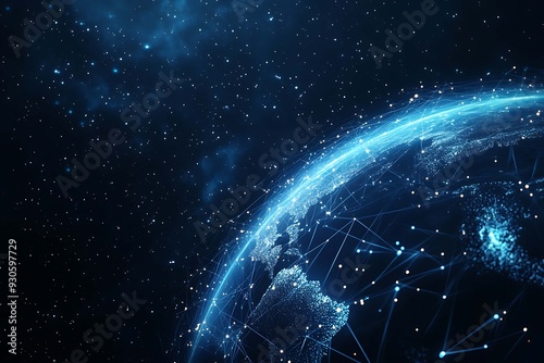 Abstract digital background banner featuring the Earth with data connection elements in blue and black colors