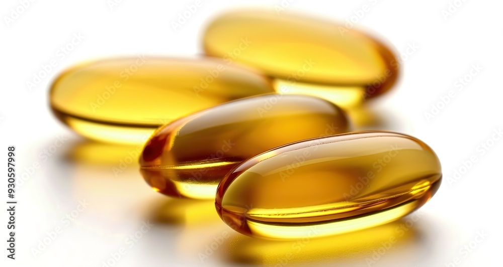 Close up shot of four yellow capsules on a white background. They are soft gels and look oily, perhaps fish oil or another type of vitamin. Close up shot of four yellow capsules on a white background. They are soft gels and look oily, perhaps fish oil or another type of vitamin.