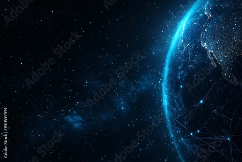 Abstract digital background banner featuring the Earth with data connection elements in blue and black colors