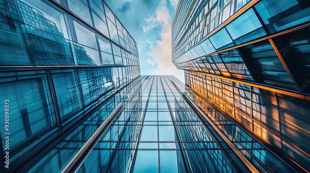 Obraz premium A high-rise building facade, featuring a mix of glass and steel, with reflections of the city skyline