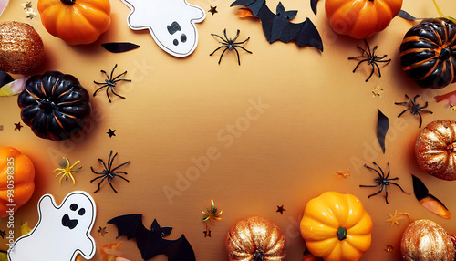 halloween holiday frame featuring party decorations like pumpkins bats ghosts spiders golden background viewed flat lay style greeting card photo