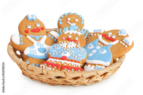 christmas gingerbread cookie in a wicker basket isolated on white background photo