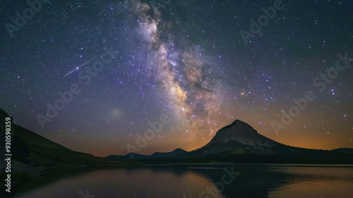 In the tranquil night, the Milky Way spans the sky, the majestic mountain range stands out clearly in the starlight, a meteor streaks across the night sky, disappearing on the horizon, a serene, myste photo