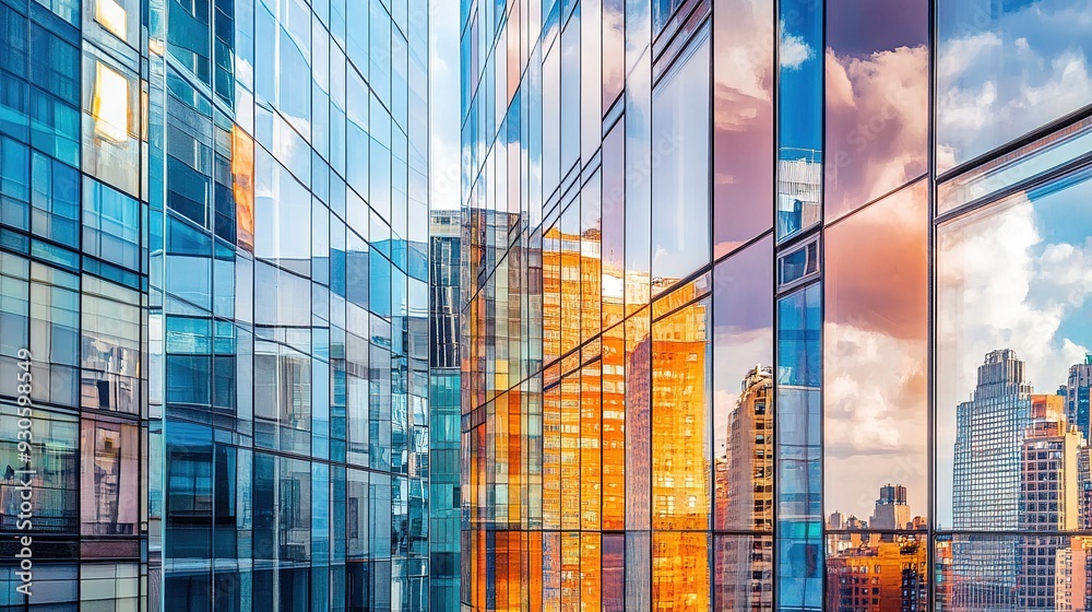 Fototapeta premium A high-rise building facade, featuring a mix of glass and steel, with reflections of the city skyline
