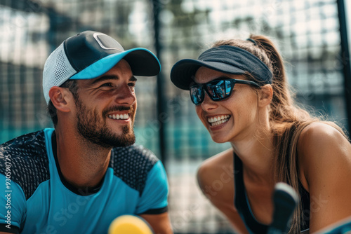 A smiling man and woman wearing sports visors and athletic wear are looking at each other on a tennis or padel court. They embody active lifestyle, teamwork, and sportsmanship.