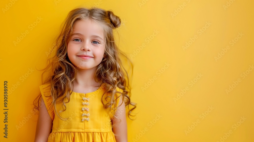 A young girl with curly hair smiles warmly against a bright yellow background, radiating joy and innocence on a sunny day.