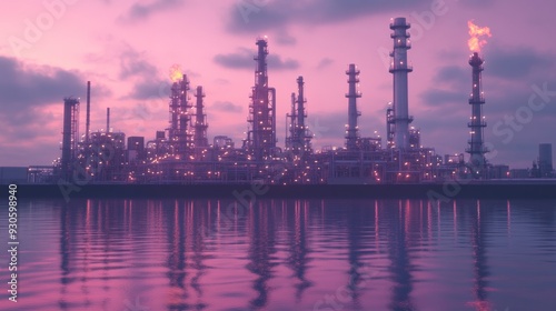 An industrial oil rig platform in the middle of the ocean during a colorful sunset