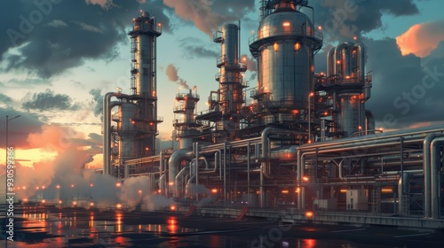 An industrial oil rig platform in the middle of the ocean during a colorful sunset