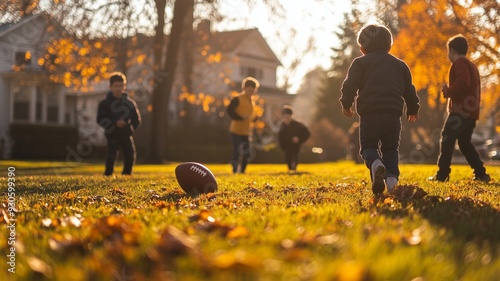 Thanksgiving Football Game ,a common Thanksgiving tradition. A family or group of friends playing football in the yard