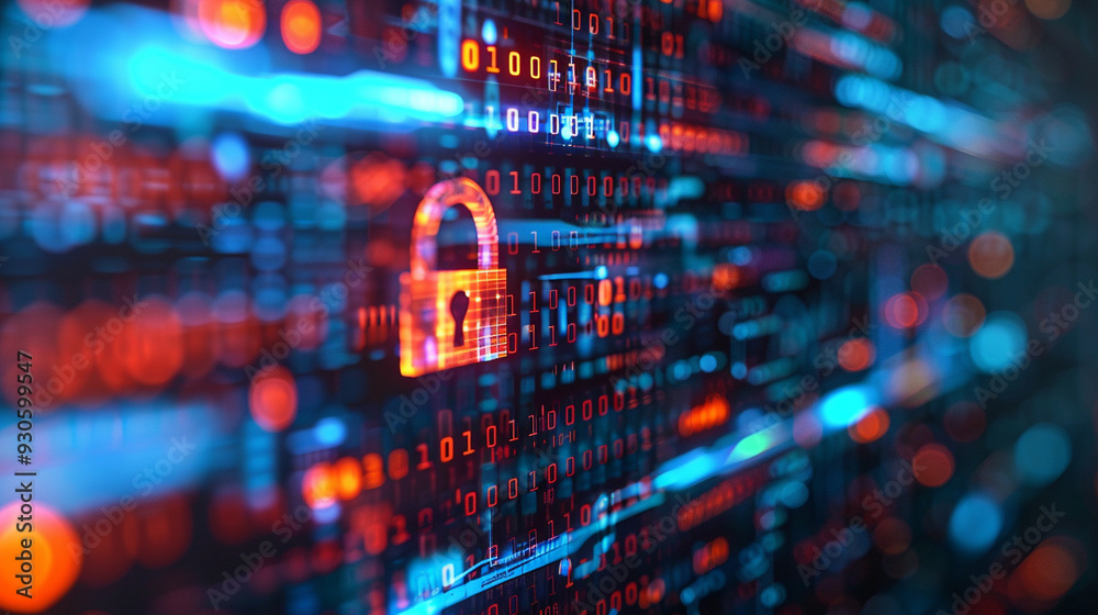 A close-up of a computer screen displaying a digital lock symbol, representing cybersecurity. The scene includes code or data streams in the background.
