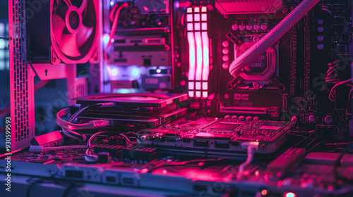 a picture of a computer with pink lights and smoke coming out of it.