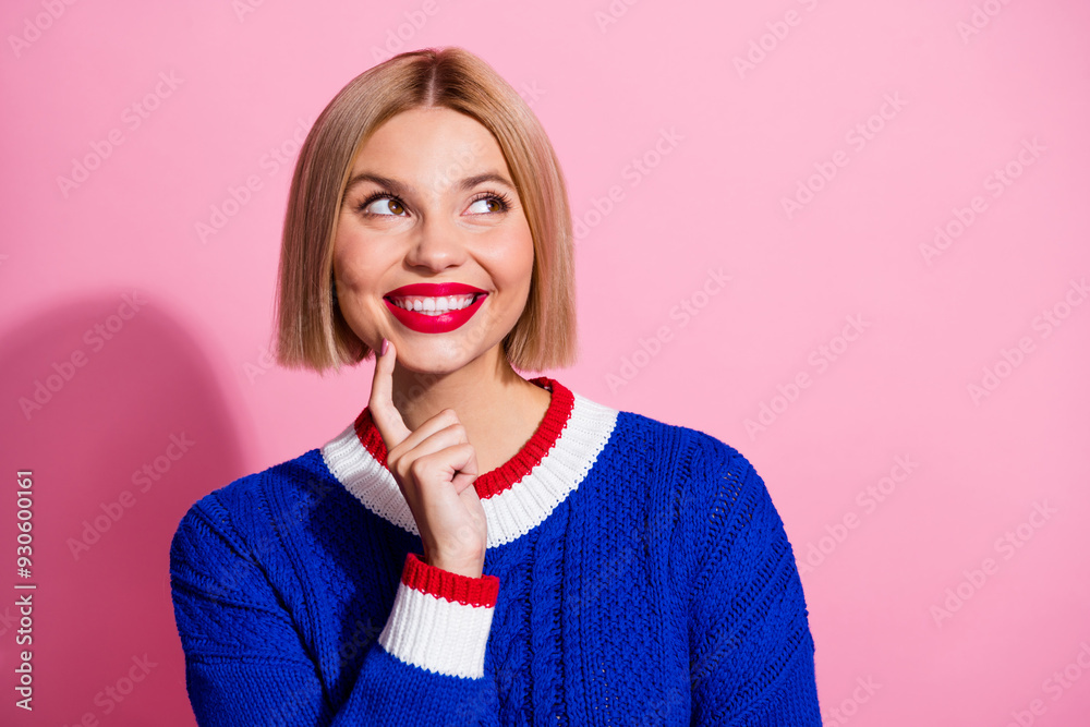 Photo portrait of young cute lady in blue knitwear touch cheek look novelty admire new office gadgets isolated on pink color background Photo portrait of young cute lady in blue knitwear touch cheek look novelty admire new office gadgets isolated on pink color background