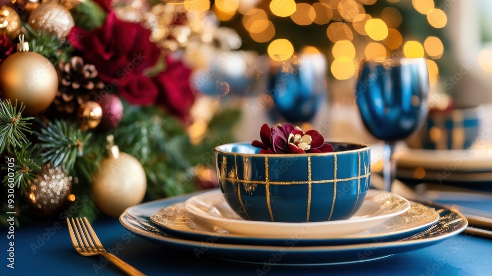 A blue and gold table setting with a plate of food, AI A blue and gold table setting with a plate of food, AI