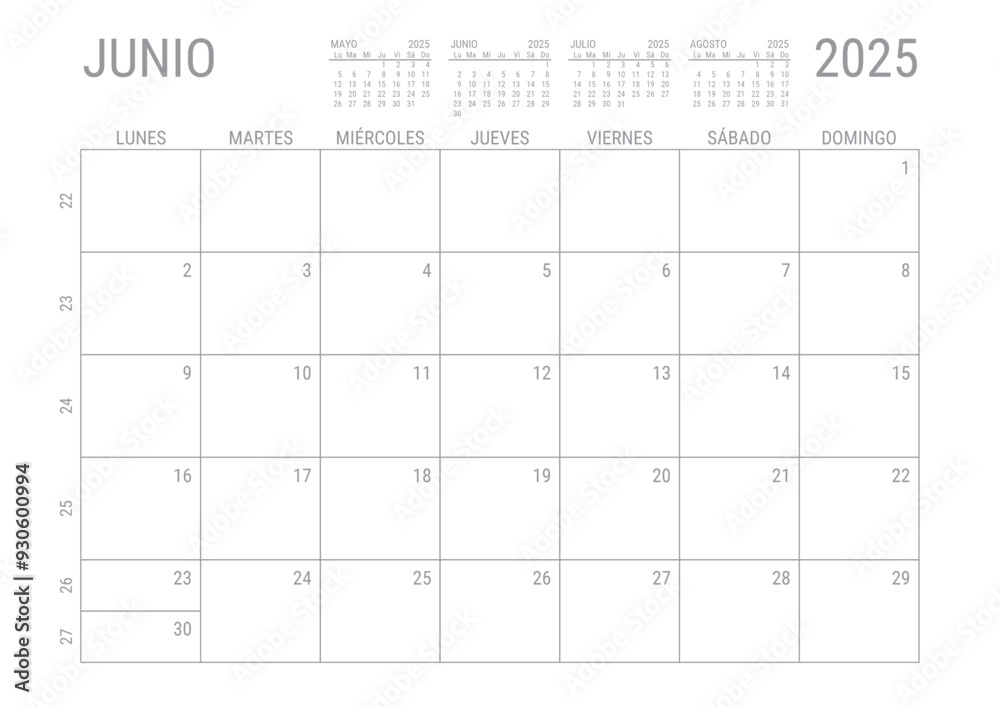 Junio Calendario 2025 Mensual para imprimir con numero de semanas A4 Junio Calendario 2025 Mensual para imprimir con numero de semanas A4