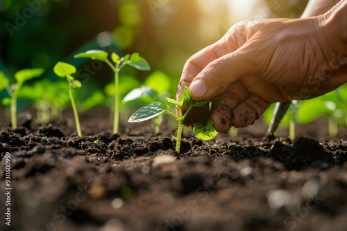 Close-up of Gardener's Hand Planting Seedling in Rich Soil.