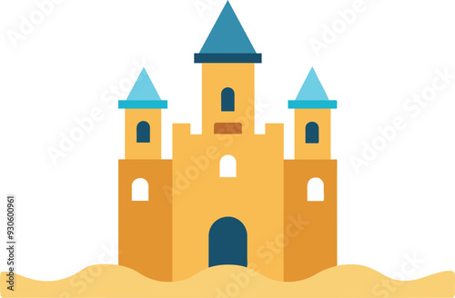 Sand castle cartoon drawing in flat style. Composition with beautiful, sandy tower