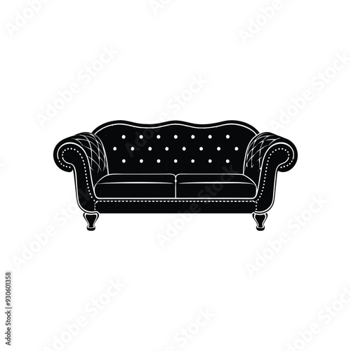 Stylish black sofa silhouette on white background