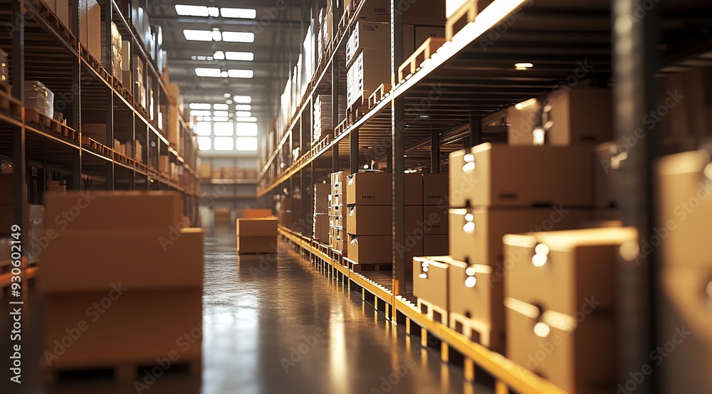 Modern Warehouse Interior with Rows of Shelves and Cardboard Boxes