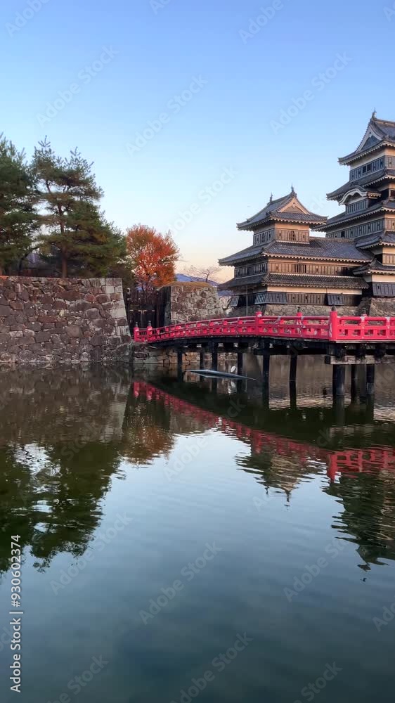 Panning shot showing the historic Matsumoto Castle at sunrise in the autumn season, Matsumoto City, Nagano, Japan.