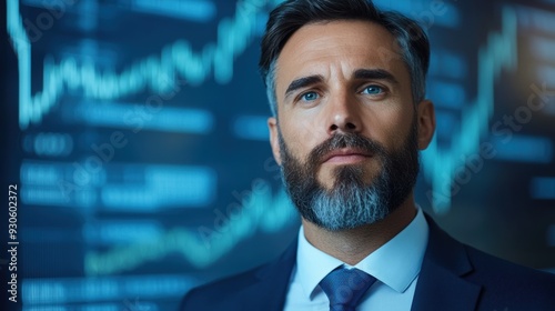 A man with a beard and suit standing in front of stock market, AI