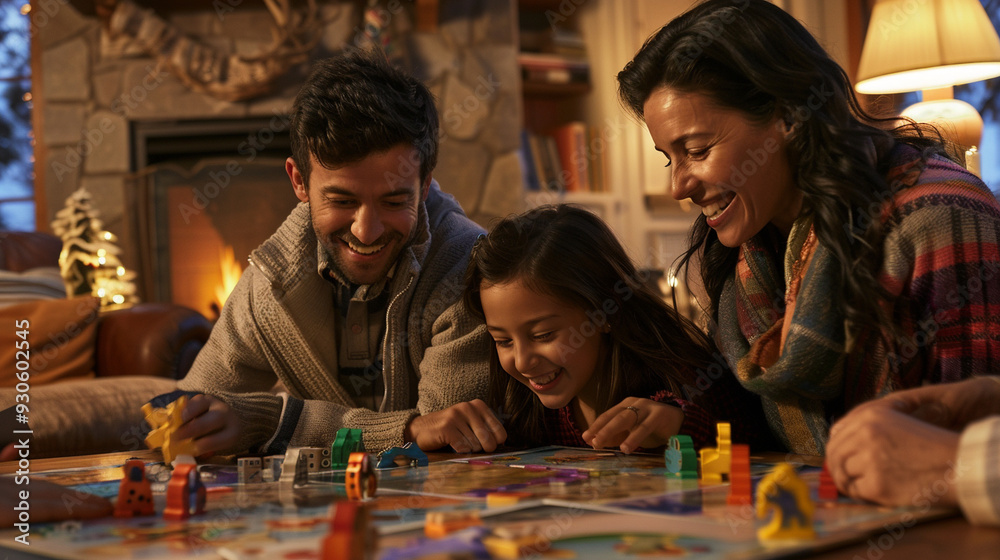 Fototapeta premium A warm, inviting dining room with a family of four, two parents and two young children, sitting around a dinner table. 