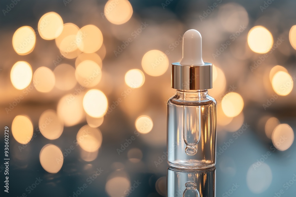 A glass dropper bottle with clear liquid on a reflective surface with bokeh lights in the background. A glass dropper bottle with clear liquid on a reflective surface with bokeh lights in the background.