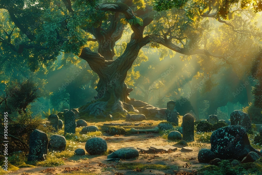 Fototapeta premium Mystical Forest Clearing with Druids Conducting Ancient Rituals.