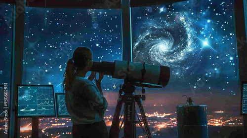 A dedicated woman in her 30s, observing the night sky through a high-powered telescope at a modern observatory, with star charts and data screens around her.
