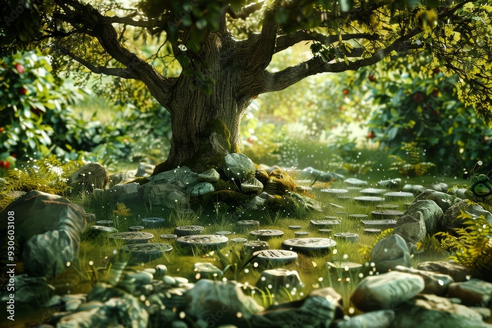 Enchanted Forest Clearing with Druids Performing Rituals by a Tree Enchanted Forest Clearing with Druids Performing Rituals by a Tree